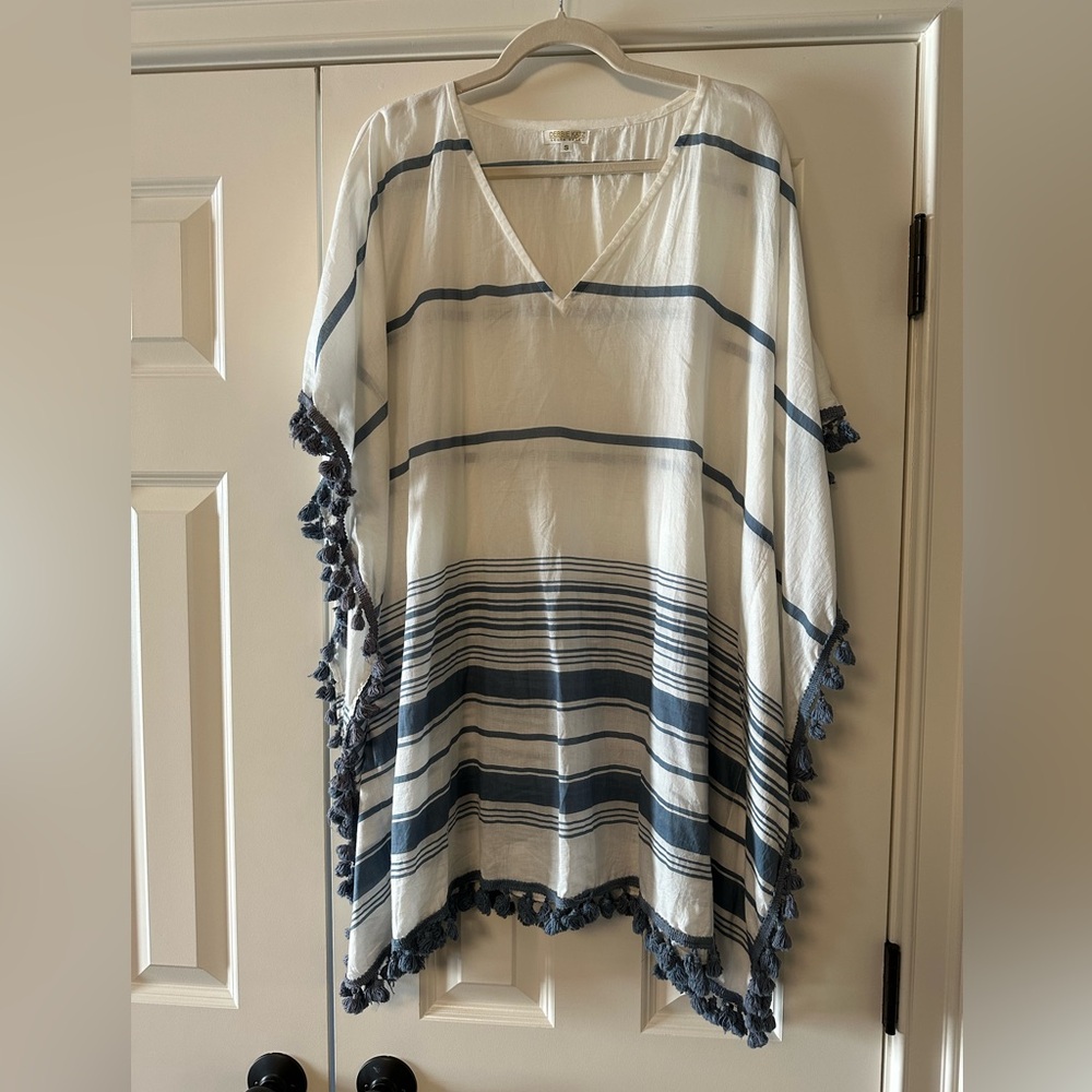 Striped V‑Neck Swim Coverup with Tassel Trim - White & Navy